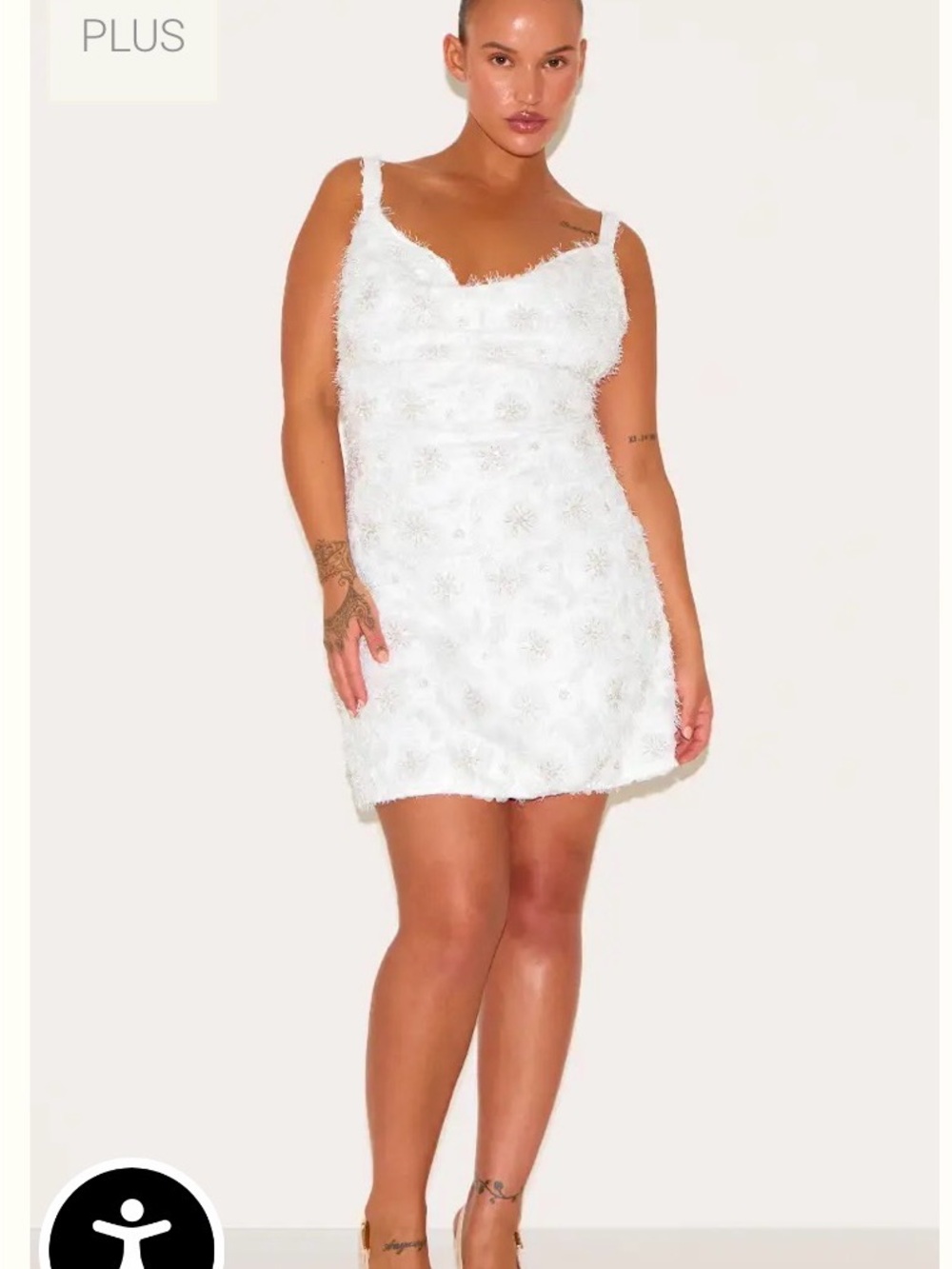 PrettyLittleThing Plus Premium White Embroidered/Sequins/Textured/Shiny Dress